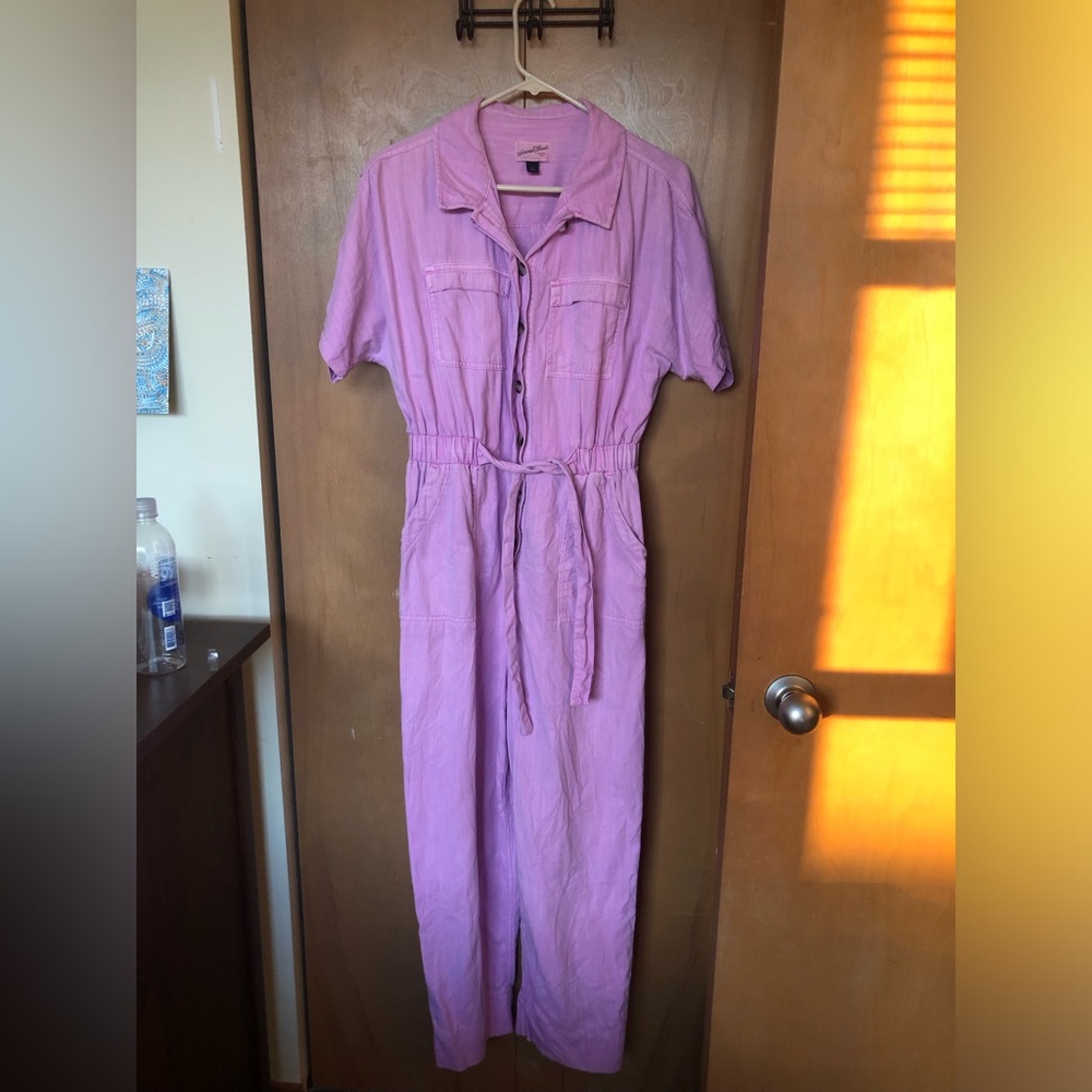 Button-Front Lilac Utility Jumpsuit with Tie Waist